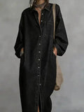Women Denim Dress Lapel Collar Long Sleeve Loose Maxi Button Down Pocketed Casual Fashion Summer