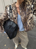 Leopard Print Faux Fur Short Jacket For Women Crew Neck Button Front Plush Thick Warm Loose Trendy New Lady Streetwear Outer Top