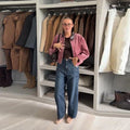 Women's Dusty Pink Corduroy Jacket Fashion Faux Leather Collar Long Sleeve Zipper Cropped Coat Lady 2026 Spring Chic Streetwear