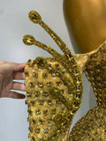 Sexy Strapless Gold Shinning Rhinestone Bodycon Bodysuit With Glove Bar Dancer Nightclub Singer DJ Stage Costume Birthday Outfit