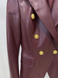 New 2026 Designer PU leather Jacket Women's Slim Fitting Double Breasted Lion Buttons Denim Blazer
