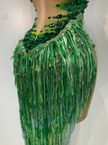 Green Sparkly Rhinestone Tassels Women Sexy Mesh Bodysuit Eveing Party Birthday Latin Dancer Nightclub Performance Stage Costume