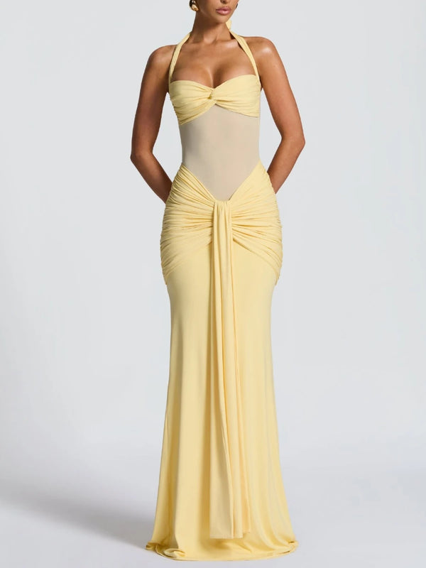 Sexy Sheer Mesh Fishtail Dress for Women Halter Sleeveless High Waist Patchwork Bandage Temperament Dresses Female