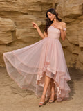 Sexy Shoulder Bared Formal Evening Gown with Asymmetrical Hem Tulle Ball Dress Glitter Birthday Party Christmas Dresses