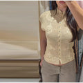 Hollow Out Women's Top Knitted Short Sleeve Stand Collar Cropped Top Daily Casual Wear Y2K Style New Arrival 2026 Summer