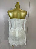 Women Sexy Strapless Backless Red Lace Split Mni Bodycon Dress With Gloves Celebrity Elegant Evening Club Birthday Party Outfit