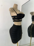 Women's Glitter Crop Top Short Skirt Bandage Sets Nightclub Performance Outfit Two Pieces Party Birthday Clothing