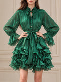 Ruffled Mock Neck Mini Dress for Women Tie Neck Long Sleeve Flare Cuff Self Tie Sash Waist Tiered Ruffle for Party Occasions