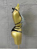 Gold Luxurious Black Bodysuit Women Sexy Halter Neck Iridescent Crystal Embellished Cutout Outfit Stage Performance Costume