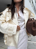 French Retro Windbreaker for Women Lapel Shoulder Pud Long Sleeve Spliced Buttons Loose Basics Coats Female Trendy