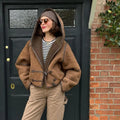 Women's Brown patchwork Hooded Jacket With Faux Fur Lining Fashion Horn Button Bomber Coat Lady Winter Casual Outerwear