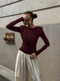 Folds Temperament Style T Shirt for Women Swing Neck Long Sleeve Tunic Slimming Fashion Autumn Tees Female Clothing