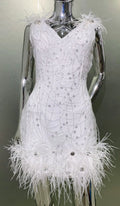 2026 Women's Luxury Rhinestone Feather Sequin Embroidered White Mesh Dress Glam Fashion Celebrity Party Evening Performance Gown