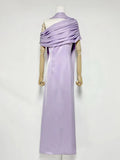 Formal Evening Party Solid Dress for Women Diagonal Collar Off Shoulder High Waist Elegant Maxi Dresses with Ribbon Female