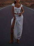 Beach Holiday Skirt Suit for Women Folds Tube Top High Waist Spliced Lace Long Skirt White Two Piece Set Female New