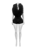 Halter Fur Playsuit Women Sexy Backless Deep V-Neck Summer Hipster Tight Stretch Activity Street Luxury Shorts Romper