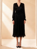 French Retro Vacation Dress for Women V Neck Lantern Sleeve Spliced Bead Square Scarf Tunic Temperament Long Dresses Female