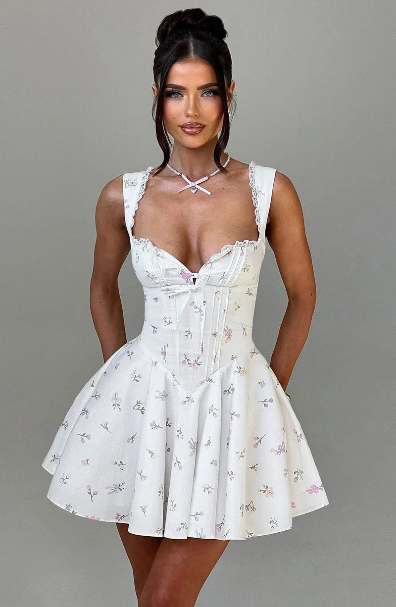 Sexy Lace Corset Short Dress Women's Slip Sundress Vintage Button Mini Sun Dresses Summer Female Clothing Blue White Yellow New