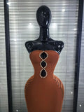 Brown Color Women Sexy Strapless Shining Diamond Keyholes Bodycon Mid-calf Bandage Dress Nightclub Party Celebrate Birthday Wear