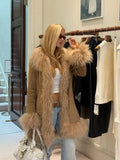 Women Shaggy Faux Fur Patchwork Mid Length Coat Lapel Open Front Long Sleeve Vintage Coats Elegant Winter Warm Outerwear 2026