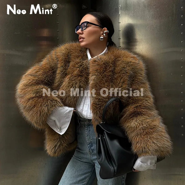 Luxury Brand Gradient Faux Fur Coat Women Winter High Street Fashion Girls Fluffy Fox Fur Jacket Chic Massive Outerwear