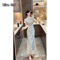 Olive Girl Blue Embroidered Qipao for Ren Faire 2026 Garden Wedding Fairycore Photoshoot Everyday Wear S-XXL XS-3XL Plus Size Embroidered Dramatic Silhouette Romantic Garden Party Editorial Not Costume Chinese Heritage Fashion Women