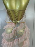 Sexy Strapless Mesh Ruffled Pink Long Dress Sparkly Diamond Birthday Evening Party PhotoShoot SeeThrough Nightclub Stage Costume