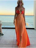 2026 Chic Gradient Hollow Out Maxi Dress Women Sexy Backless Sleeveless Sling Long Dress Summer Vacation Boho Beach Satin Outfit