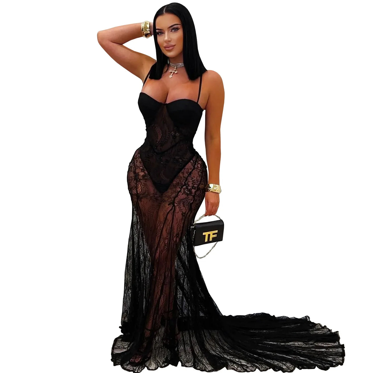 Women Spaghetti Straps Mermaid Evening Gown Wedding Guest Dress Sexy Sheer Padded Lace Backless Formal Party Maxi Dresses