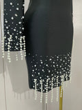 Women Celebrate Eveing Party Club Luxury Birthday Dress Elegant Black V Neck Pearls Beaded Long Sleeves Bodycon Bandage Dress