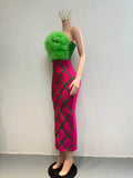 Fashion Strapless Green Feathers Bodycon Bandage Maxi Dress Off Shoulder Green Stripes  Evening Club Party Cocktail Birthday