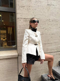 White Contrast Faux Leather Collar Blazer Women Buckle Belt Waist Slim Fit Long Sleeve Stand Neck Ins Party Fashion Outerwear