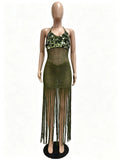 Sexy Cutout Crochet Beach Dress 2026 Summer Women One Shoulder Backless Knitted Sequined Fringe Tassel Midi Dress Clubwear