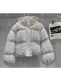 Womens Black Sequin Puffer Coat Zip Up Stand Collar Pockets Warm Jacket Fall Winter Party Club Streetwear Trendy Lady Cozy Wear