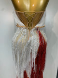 Sparkly Tassel Pearl Strapless High Slit Dress Luxury Evening Party Gown Nightclub Singer Performance Costume Festival Dresses