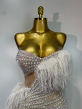 Women Sparkly Rhinestone Tassel Off The Shoulder Mesh See Through Long Dress Sexy Eveing Party Birthday Nightclub Stage Costume