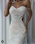 Elegance Pearl Beading Sequins Sleeveless Sexy Strap Bodycon Long Dress Women Celebrate Evening Party Birthday Outfit Vestido