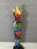Sophisticated Rainbow Floral Mesh Halter Maxi Dress Rhinestones Bodycon Evening Gala Prom Special Occasions Costume