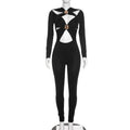 Sexy Hollow Out Jumpsuits Woman Trend Metal Buckle Decoration Full Sleeve Skinny Peach Hip Party Club Street Overalls