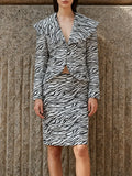Zebra Stripe Print Two Piece Set for Women Lapel Long Sleeve Spliced Zipper Short Coat Mid Waist Knee Skirt Female