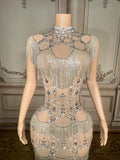 Silver Crystals Fringes Rhinestones Sexy Transparent Party Dress Natural for Birthday Prom Evening Bar Outfit Dancer Costume