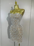 Women Sparkly Rhinestones Sexy Strapless Mesh See Through Mini Dress Birthday Party Evening Cocktail Dress Nightclub Stage Wear