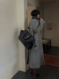 Grey Double-Breasted Long Coat with Notched Lapels