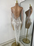 Women Sparkly Crystal Pearl Tassels Sexy Sheer See Through Bodycon Mini Silver Outfit Birthday Dress Dancer Performance Costume