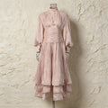 Luxury Afternoon Tea High Neck Pleated Maxi Dress for Women Puff Sleeve Ruched Waist Tiered Flared Skirt for Wedding Guest