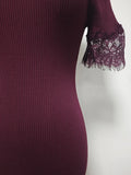 Romantic Dates Brown Ribbed Knit Mermaid Dresses for Women U Neck Short Sleeve Lace Trimmed Midi Skirt for Office Commute
