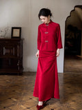 New Qipao Dress Autumn/winter Chinese Style Elegant Temperament Long Knitted Jacquard Slim Red Wedding Dress Set Qipao