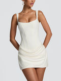 Sexy Solid Color Mini Dress for Women Round Neck Sleeveless High Waist Spliced Folds Bodycon Party Dresses Female