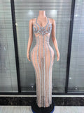 Shinning Sequins Women Sexy Halter Backless Mesh See Through Bodycon Long Dress Celebrate Nightclub Party Birthday Outfit