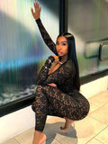 Sexy Jacquard Jumpsuit Women Sexy Mesh Patchwork Low-Neck Hollow Full Sleeve Skinny Midnight Party Clubwear Overalls